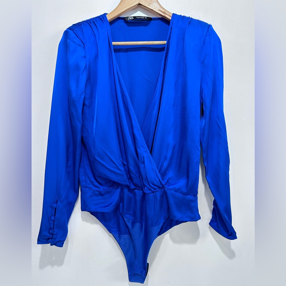 Zara Women’s Cobalt Blue V-Neck Padded Shoulder Long Sleeve Bodysuit Size S